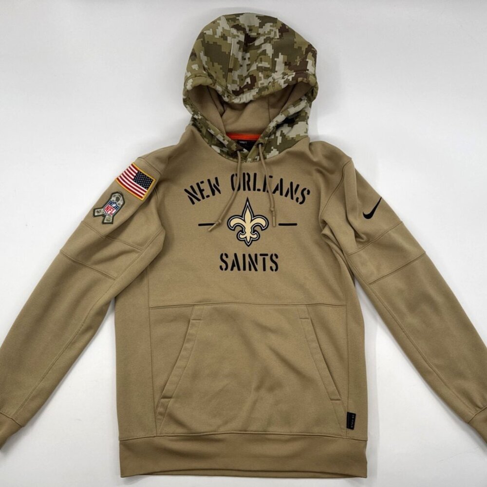 New Orleans Saints Hoodie Mens Small Salute to Service Camo Therma Pullover Tan